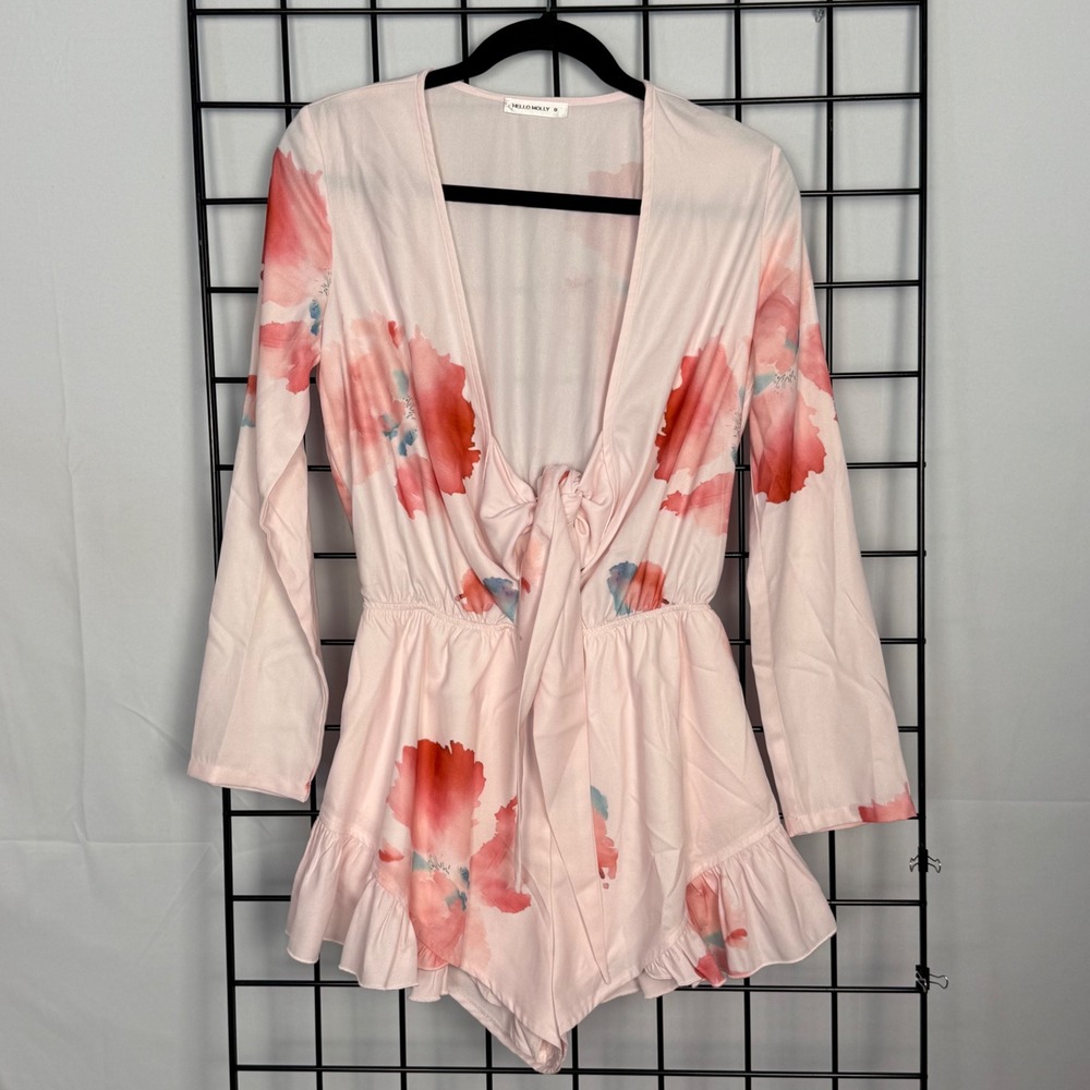 Hello Molly Floral Romper Womens 8 (small) Pink Long Sleeve V-Neck Ruffle Boho